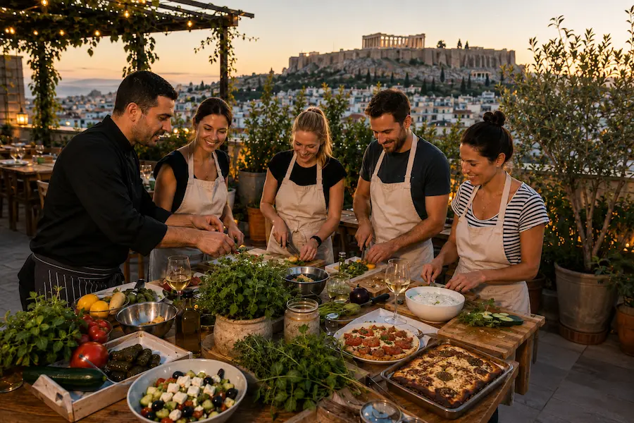 Cours de cuisine grecque sur un rooftop à Athènes