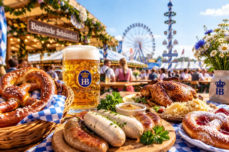 Traditional Bavarian food and pretzels in Munich