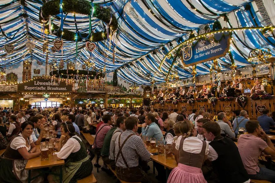 Traditional Bavarian beer tent atmosphere in Munich