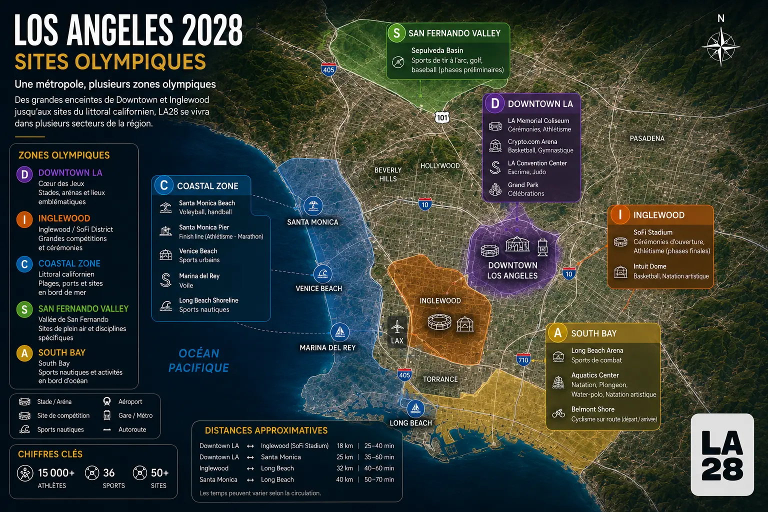 Map of the main Los Angeles 2028 Olympic zones