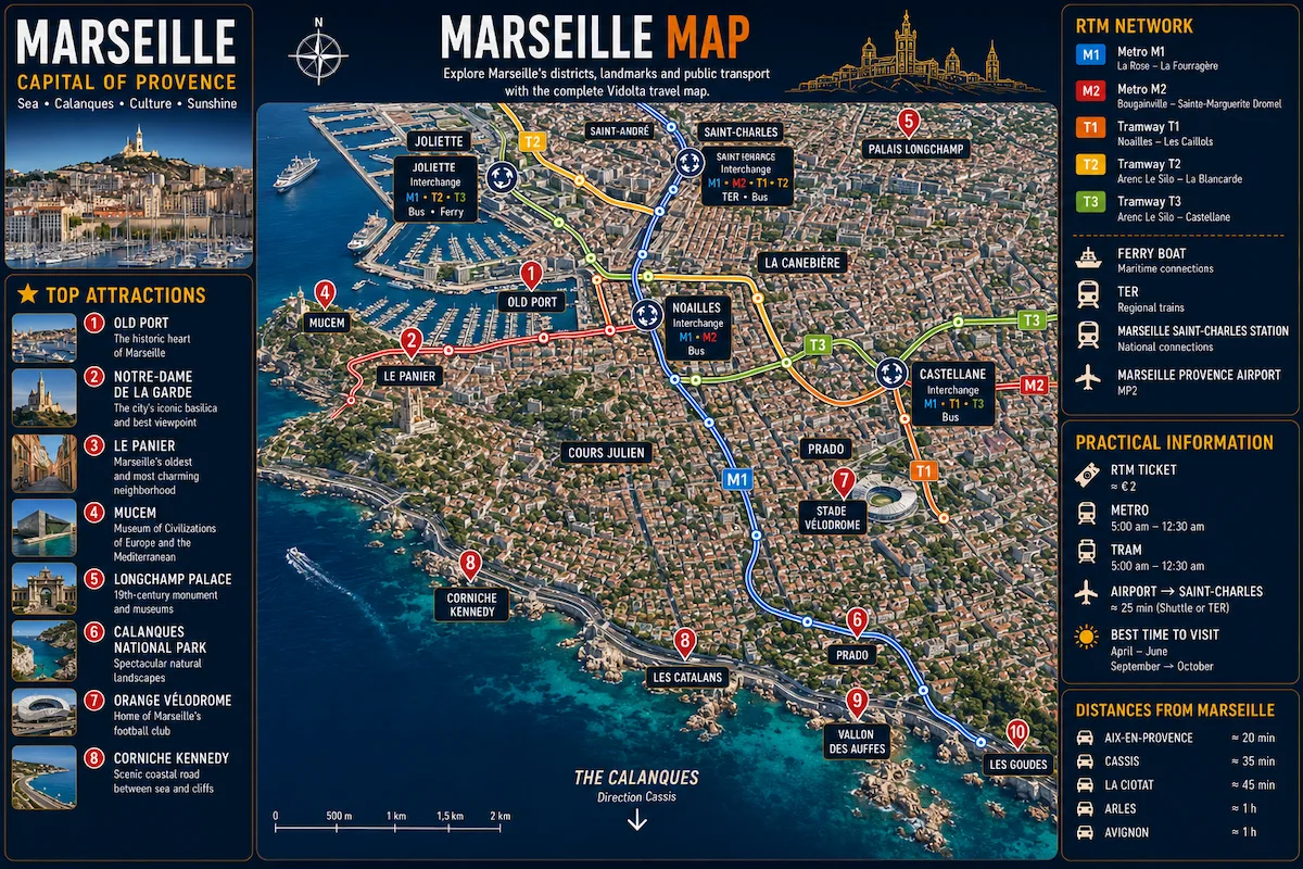 Marseille map with metro, tramway, neighborhoods and main tourist attractions