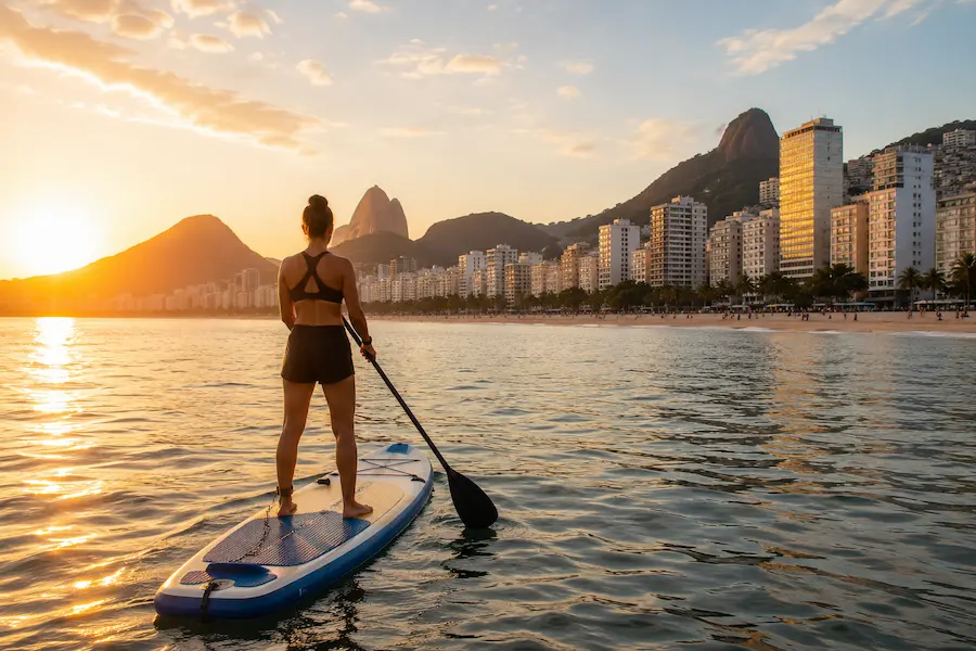 Stand-up paddleboarding at sunrise on Copacabana Beach