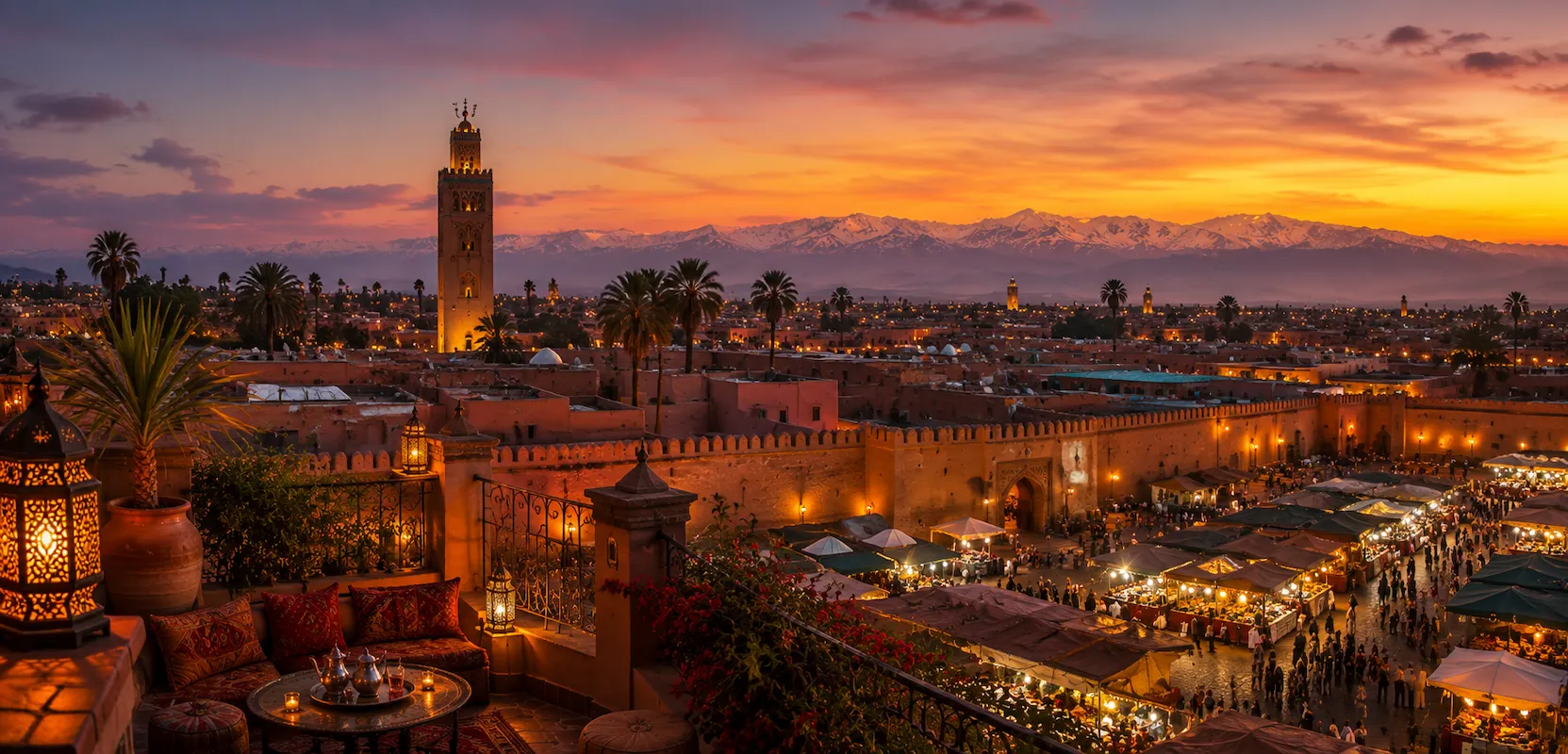 Panorama de Marrakech avec la médina et l'Atlas au coucher du soleil
