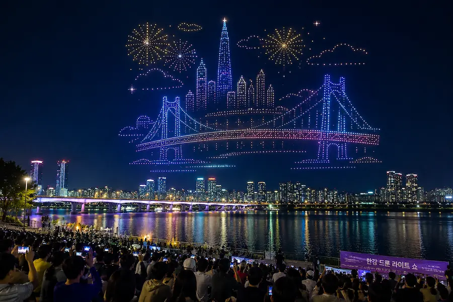 Spectacle de drones au-dessus du fleuve Han à Séoul