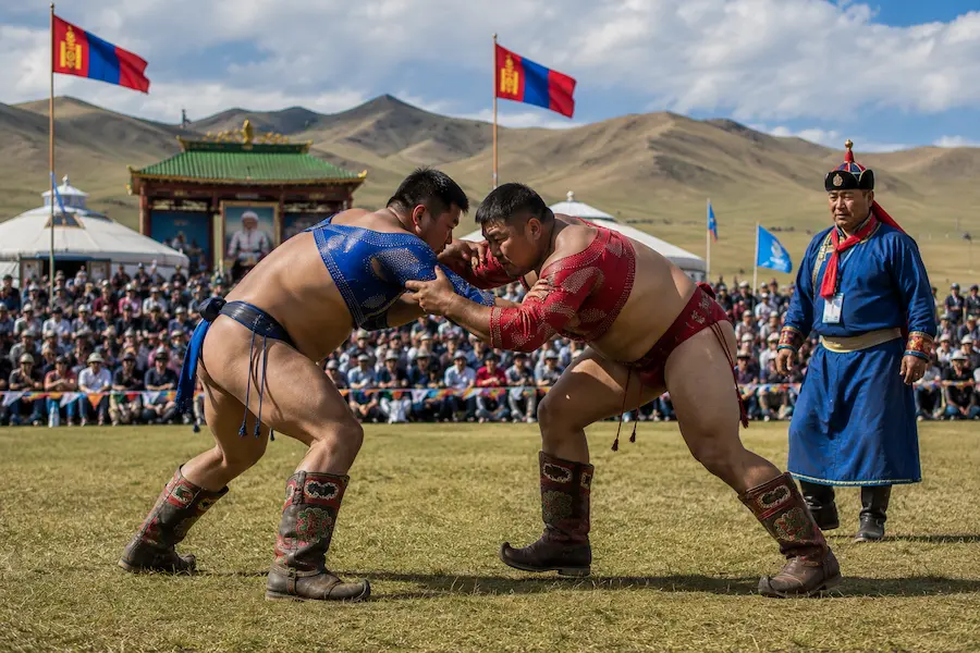 Traditional Mongolian wrestling during Naadam