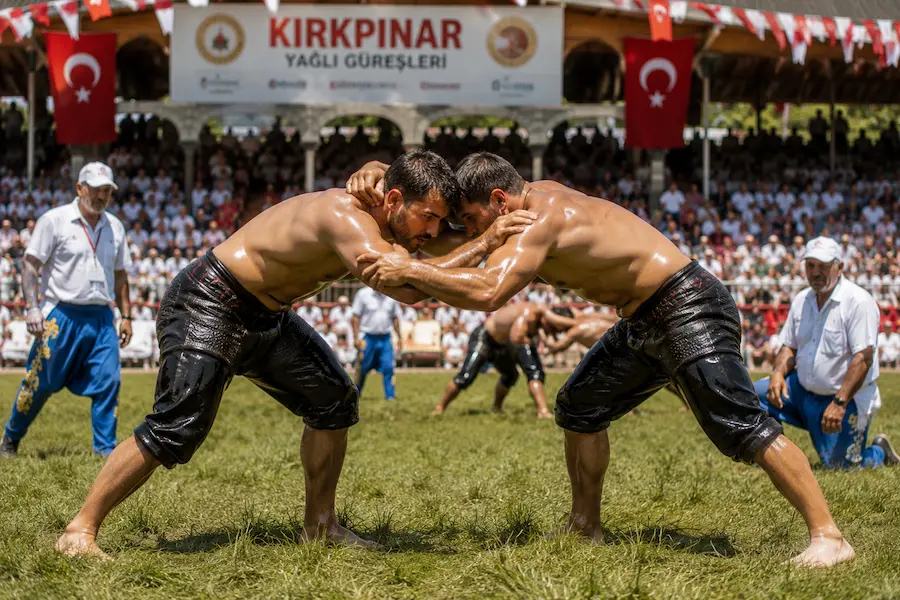 Wrestlers competing at the traditional Kırkpınar festival in Turkey