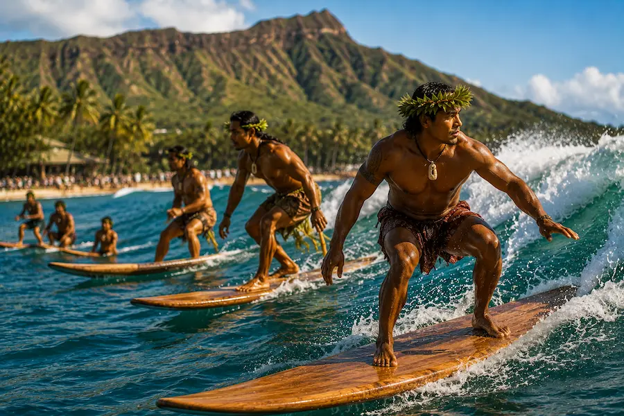 Traditional Hawaiian surfing on a wave in Hawaii