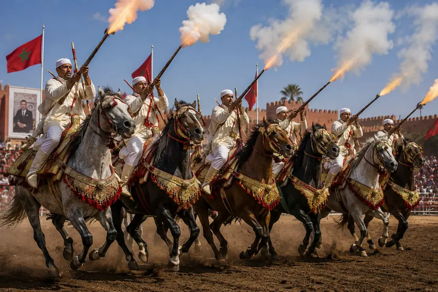 Moroccan horse riders performing Tbourida