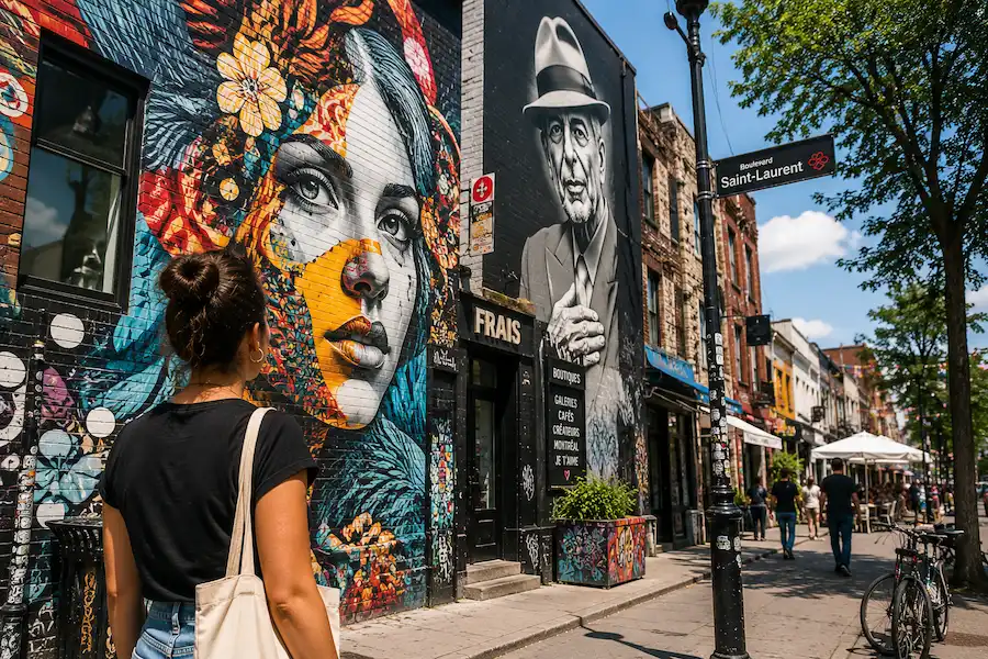 Street art murals along Saint-Laurent Boulevard in Montreal
